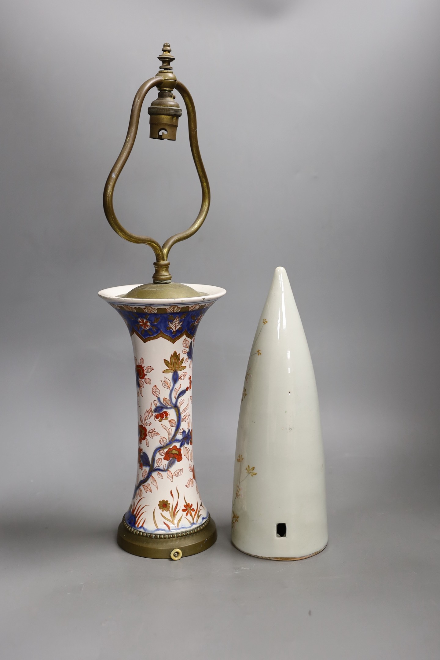 A Meissen Imari lamp base and a kutani conical shaped wall pocket